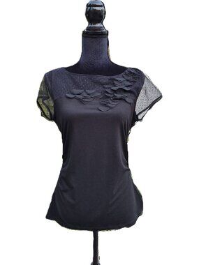 White House Black Market Black Top with Polka Dot Mesh Detail, Size M